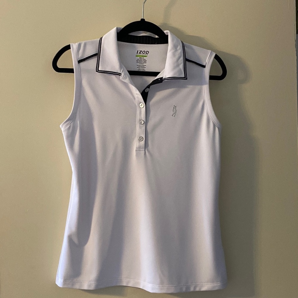 Ladies size medium Izod Perform Basix white sleeveless golf shirt.